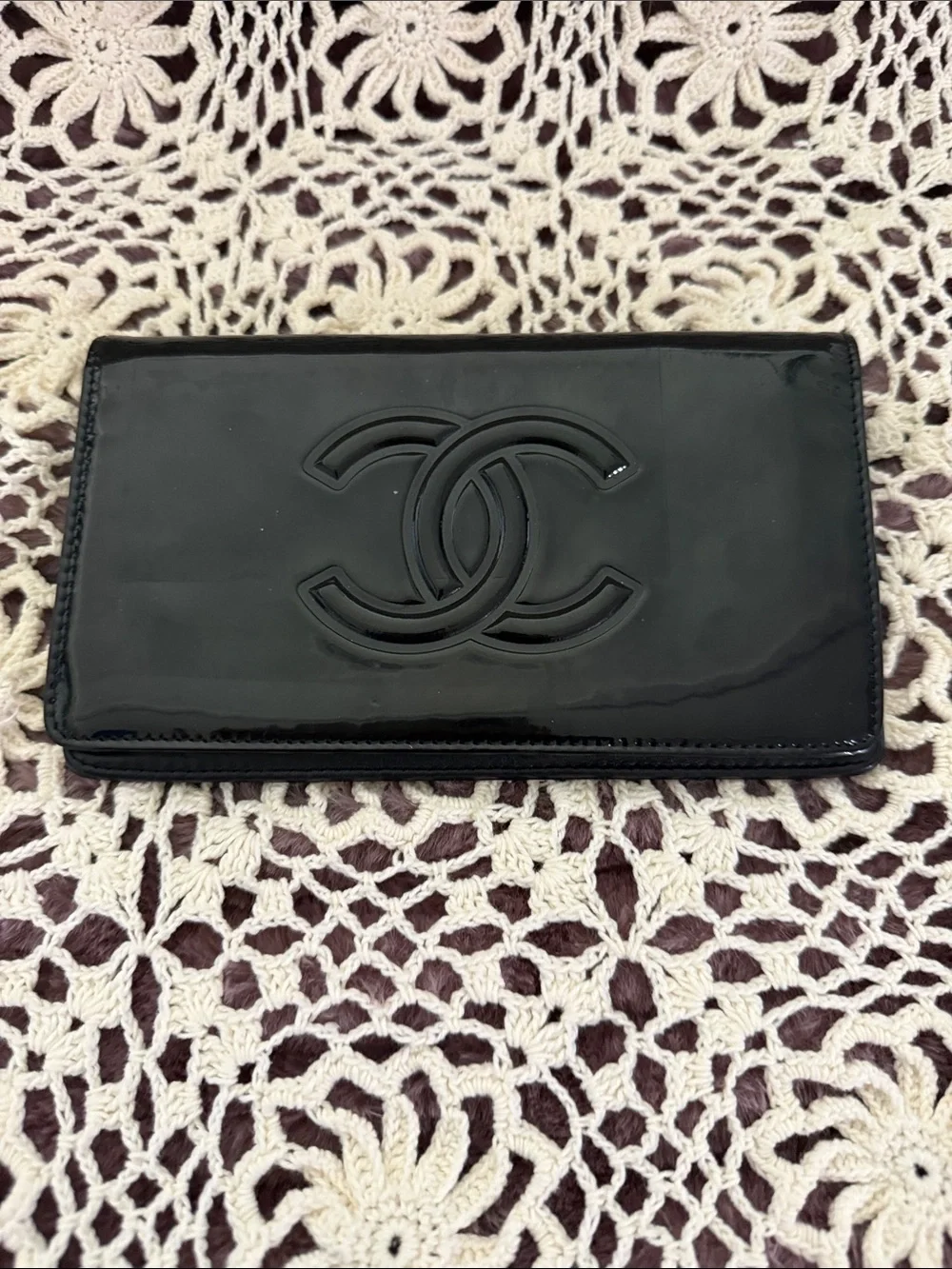 CHANEL Black Patent Leather Wallet with Multicolor Camellia Appliqués